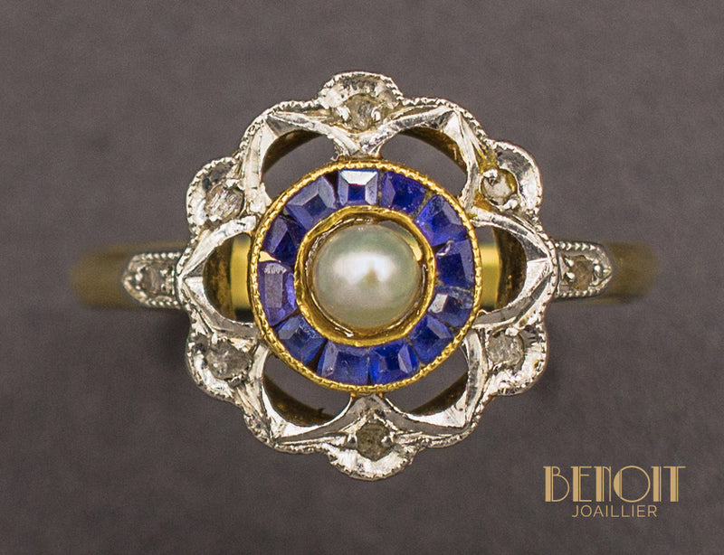 Bague Fleur Saphirs et Perle Fine