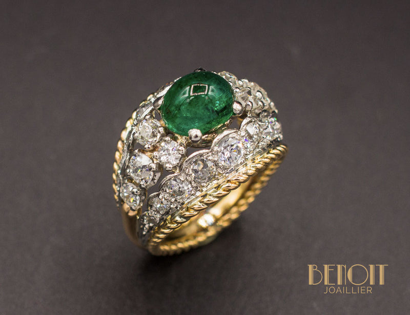 Bague Art Déco Dôme Emeraude et Diamants