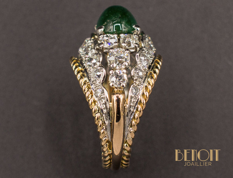 Bague Art Déco Dôme Emeraude et Diamants