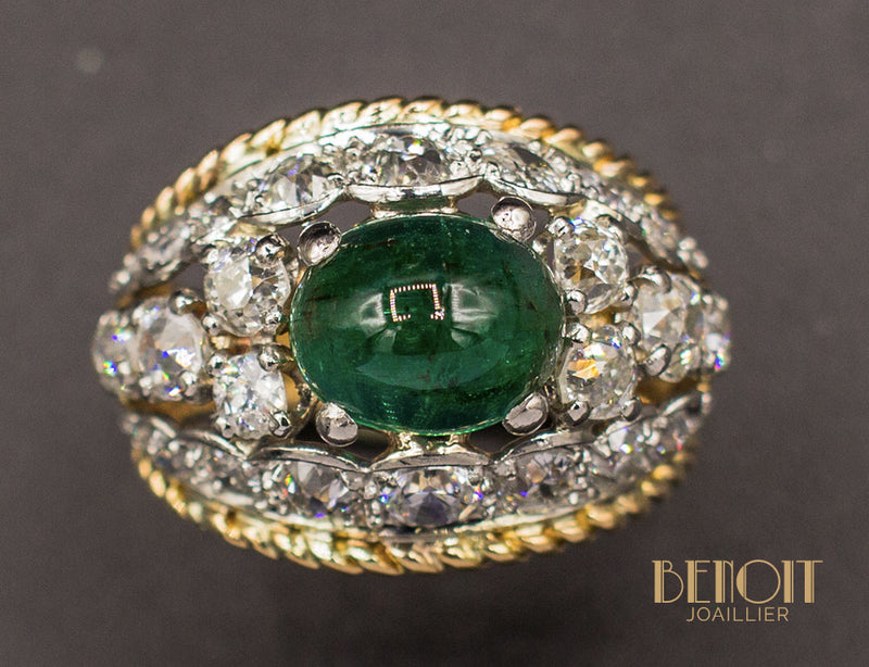 Bague Art Déco Dôme Emeraude et Diamants
