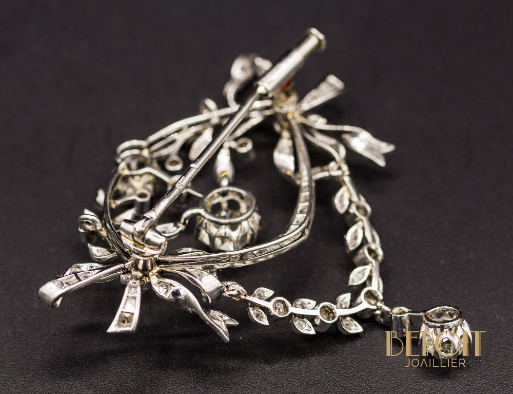 Broche Vintage Ancienne En Argent Avec Cristaux - Motif Pavé Diamants, Fil 3334 - Occasion