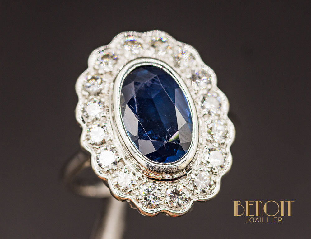 Bague Pompadour Antique Or 18k Saphir Synthétique Et Diamants - Taille 50, Style Marquise (~1900)