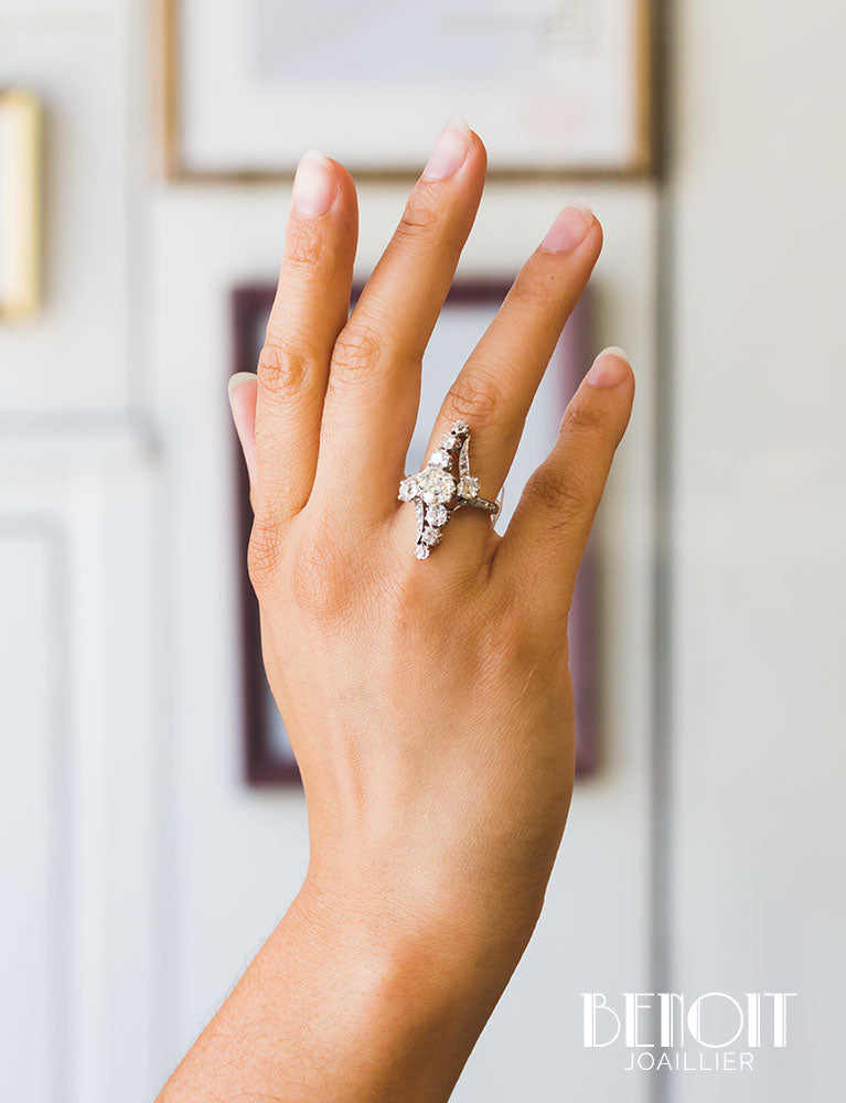 Bague Navette Diamants XIXe