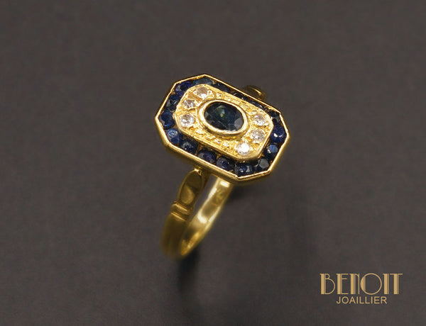 Bague Saphir Deux Entourages Or Jaune