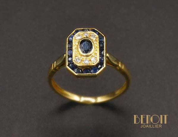 Bague Saphir Deux Entourages Or Jaune