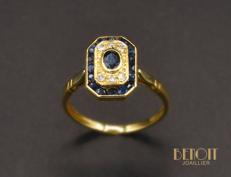 Bague Saphir Deux Entourages Or Jaune