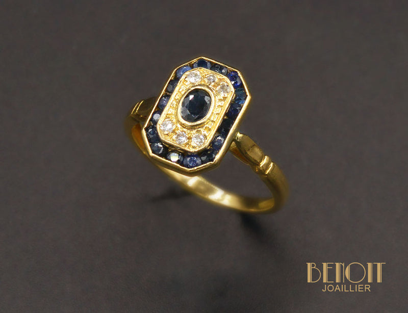 Bague Saphir Deux Entourages Or Jaune