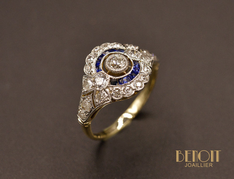 Bague Art Déco Diamants et Saphirs