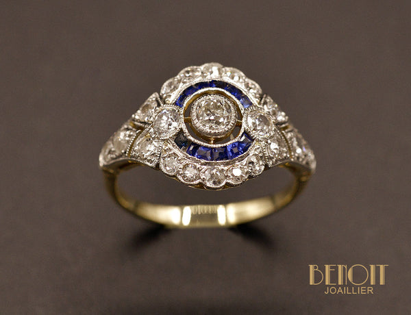 Bague Art Déco Diamants et Saphirs