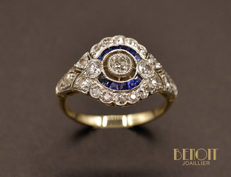 Bague Art Déco Diamants et Saphirs