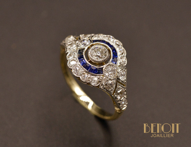 Bague Art Déco Diamants et Saphirs