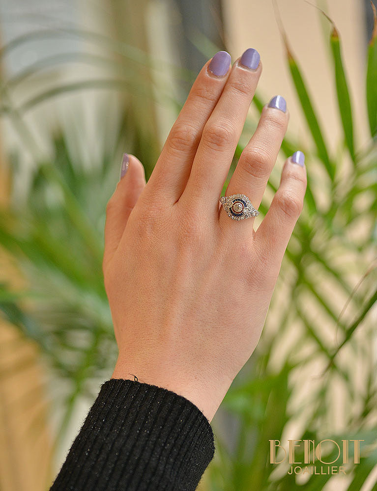 Bague Art Déco Diamants et Saphirs