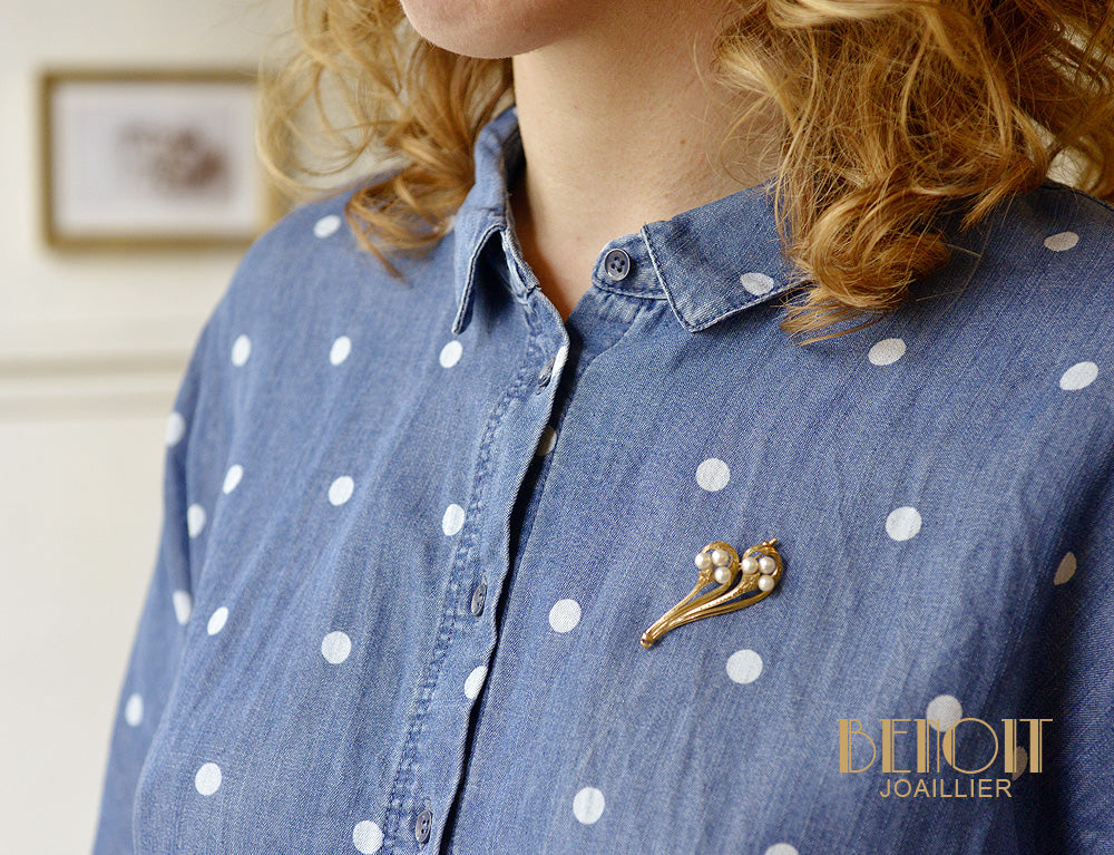 Broche Vintage Grand Ange Avec Perles Blanches Et Ailes Dorées - Occasion, Création Unique