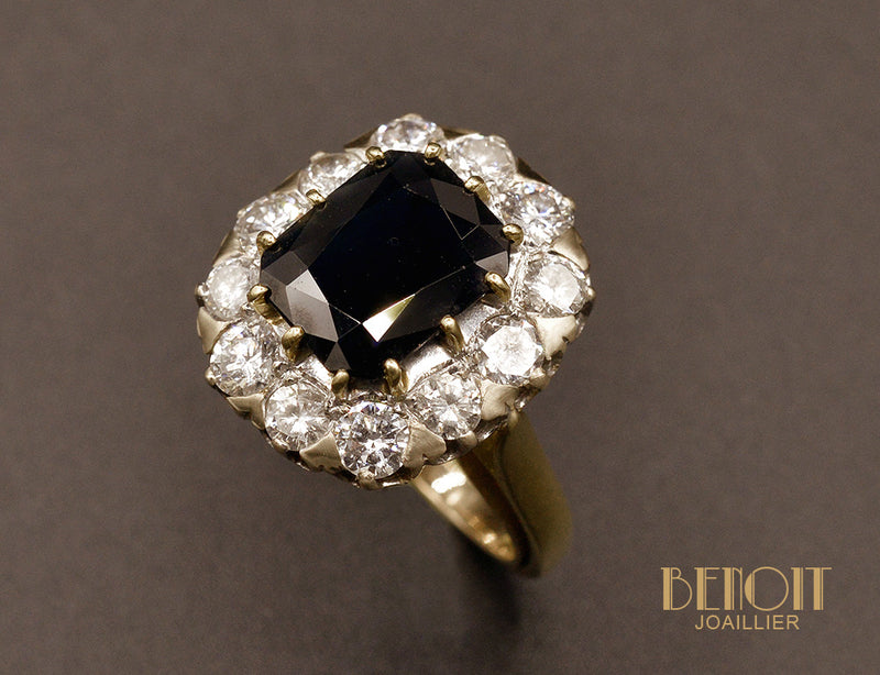 Bague Pompadour Saphir Coussin et Diamants