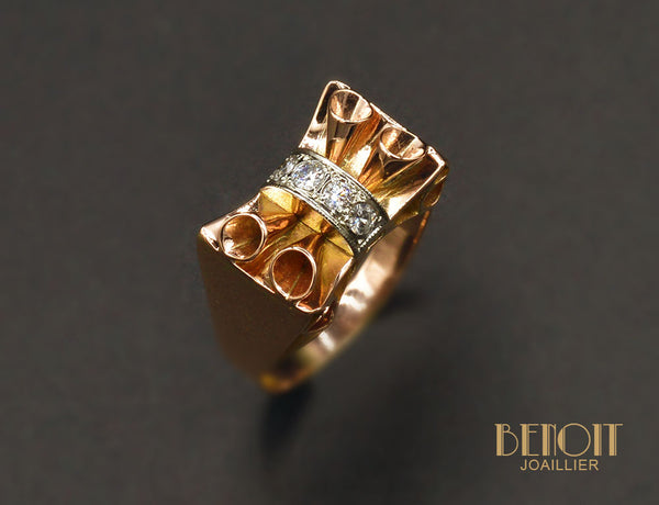 Bague Art Déco Moderniste Or Rose Diamants
