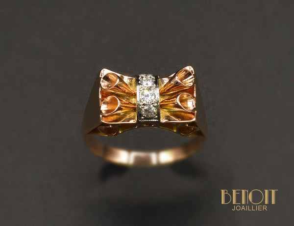 Bague Art Déco Moderniste Or Rose Diamants