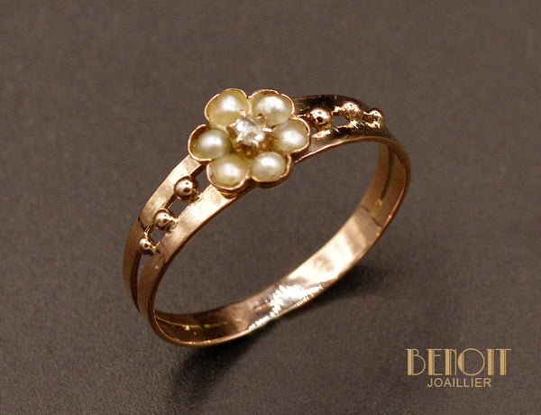 Bague Ancienne or Rose Perle Fine et Diamants