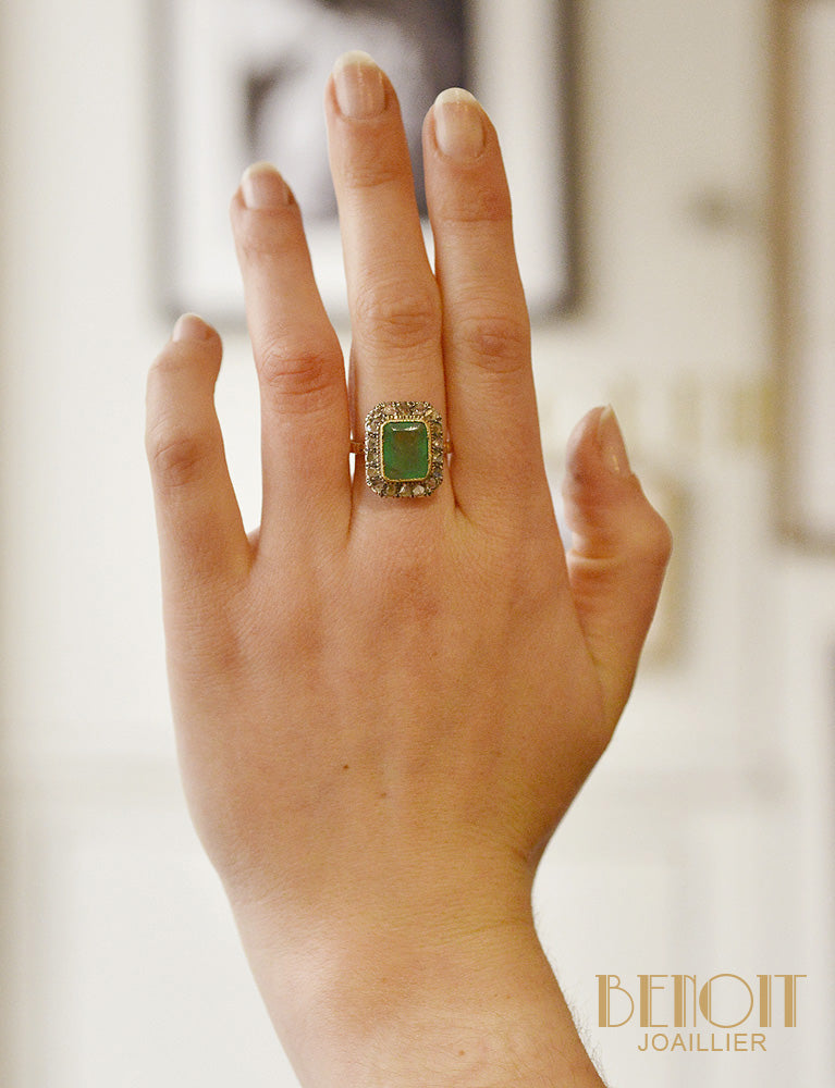 Bague Emeraude entourage Diamants Taille Rose