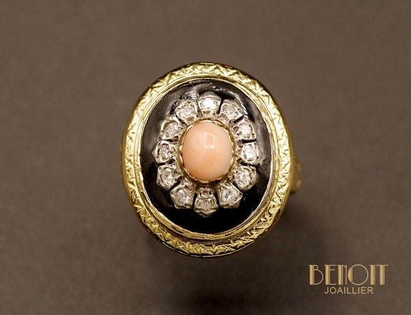 Bague Corail et Email Noir