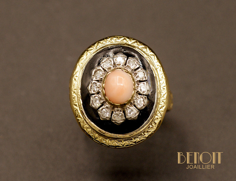 Bague Corail et Email Noir