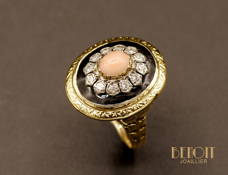 Bague Corail et Email Noir