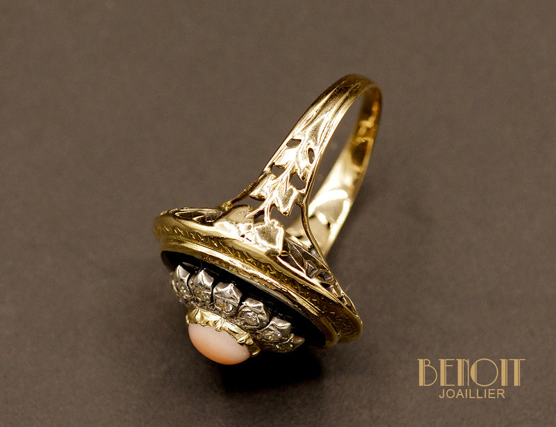 Bague Corail et Email Noir