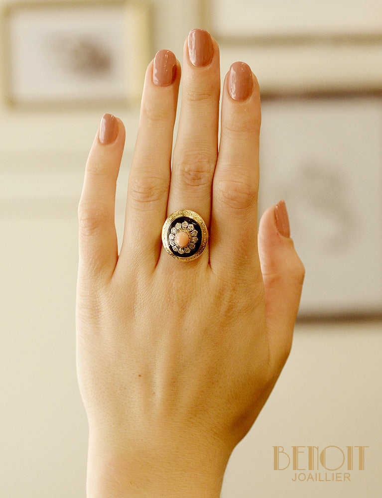 Bague Corail et Email Noir
