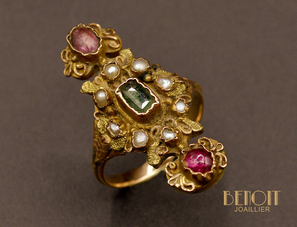 Bague marquise Fin XIXème Rubis et Émeraude