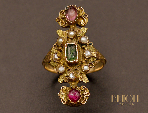 Bague marquise Fin XIXème Rubis et Émeraude