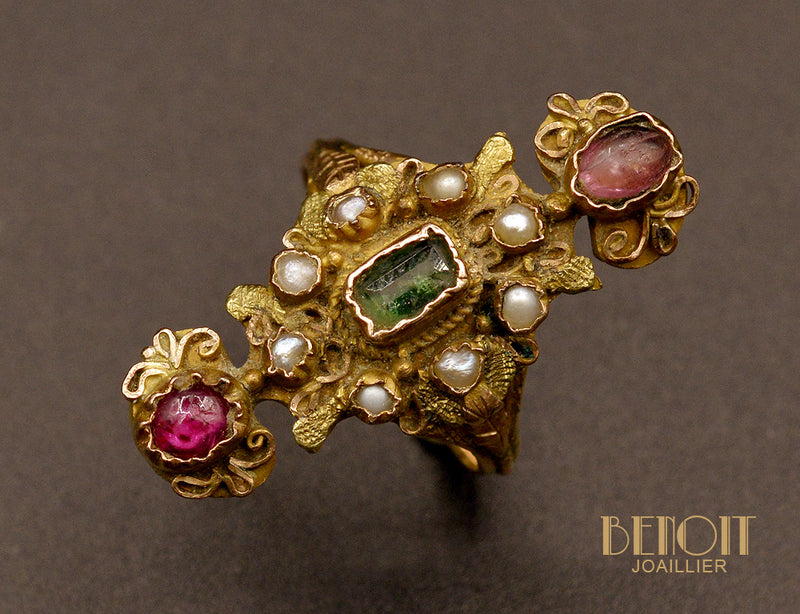 Bague marquise Fin XIXème Rubis et Émeraude