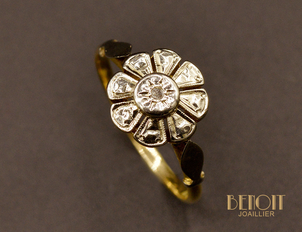 Bague Ancienne Alliance En Or 18K - Motif Fleurettes - Taille 58 - Vintage