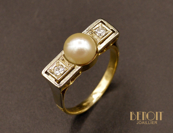 Bague Art Déco, Perle et Diamants