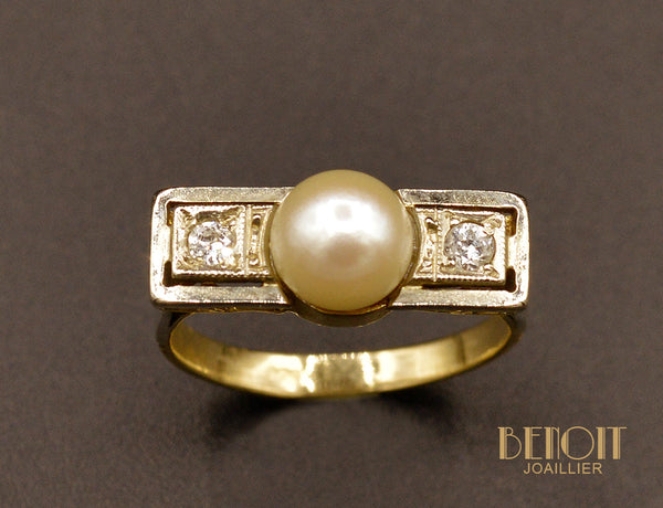 Bague Art Déco, Perle et Diamants