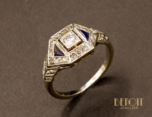 Bague Art Déco Diamants et Saphirs