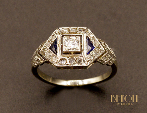 Bague Art Déco Diamants et Saphirs