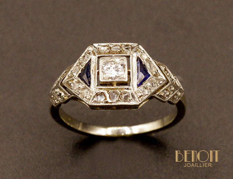 Bague Art Déco Diamants et Saphirs