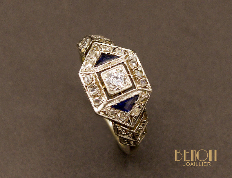 Bague Art Déco Diamants et Saphirs
