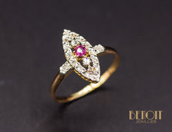 Bague Navette XIXe Diamants Rubis