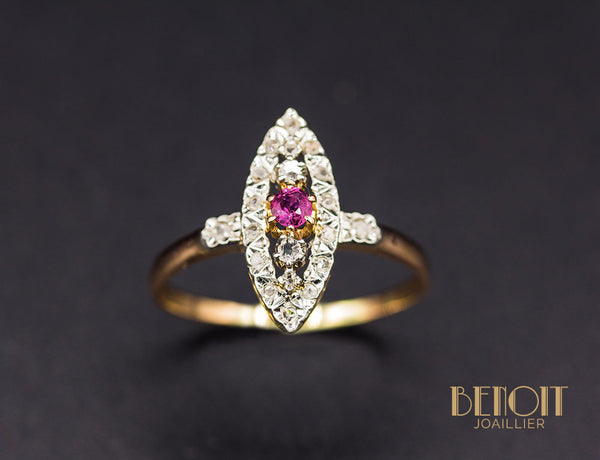 Bague Navette XIXe Diamants Rubis