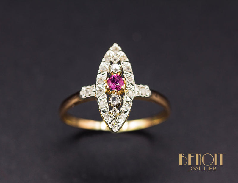 Bague Navette XIXe Diamants Rubis