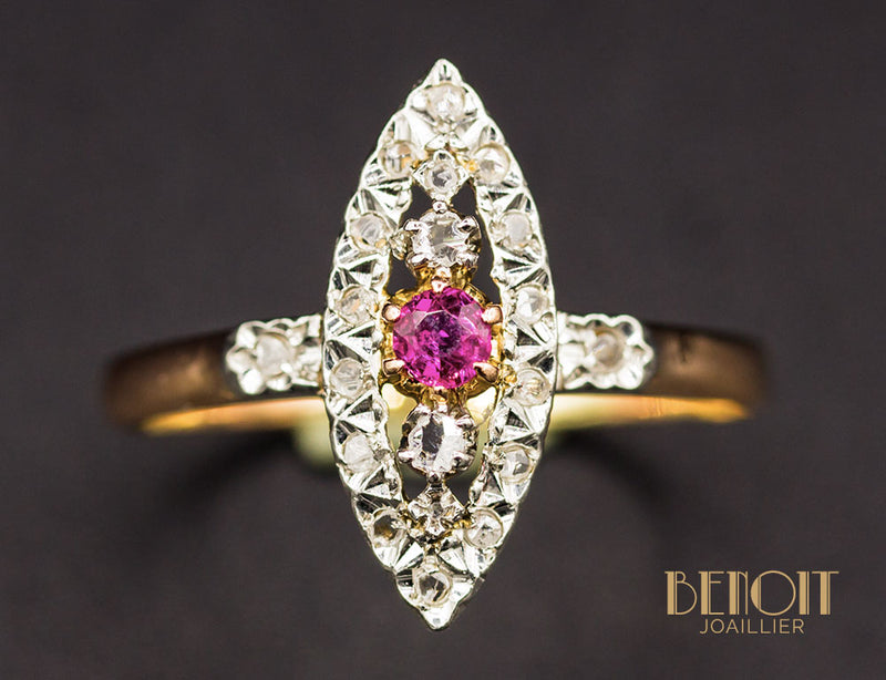 Bague Navette XIXe Diamants Rubis