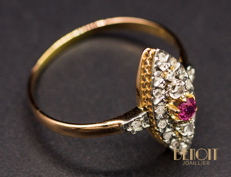 Bague Navette XIXe Diamants Rubis