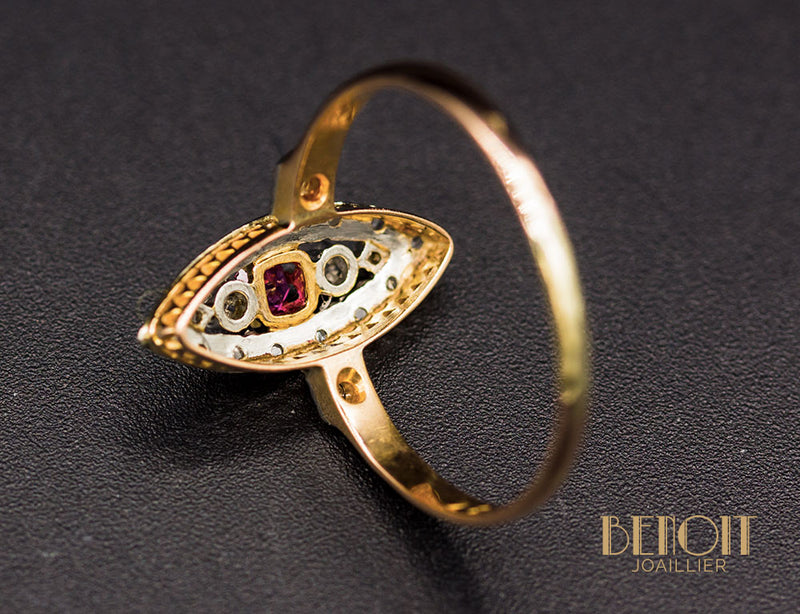 Bague Navette XIXe Diamants Rubis