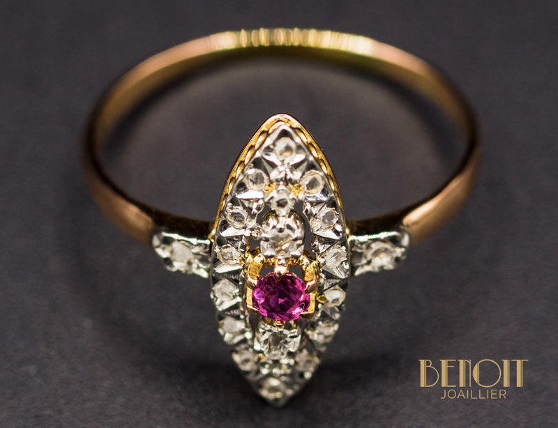 Bague Navette XIXe Diamants Rubis