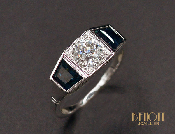 Bague Art Déco Diamants Saphirs
