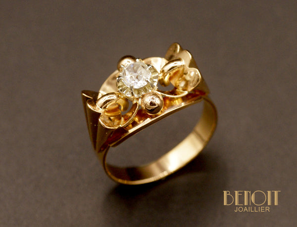 Bague Art Déco Diamant et Or Rose