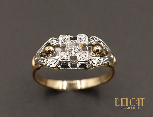 Bague Art Déco Or rose et Platine Diamant