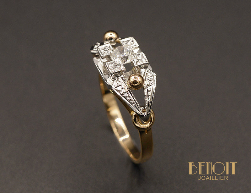 Bague Art Déco Or rose et Platine Diamant