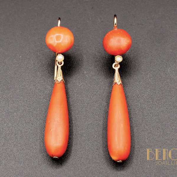 Boucles D'oreilles Rétro Pampille Perle Poire Orange Nacré - Fermoir Crochet Couleur Or - Très Bon état Occasion