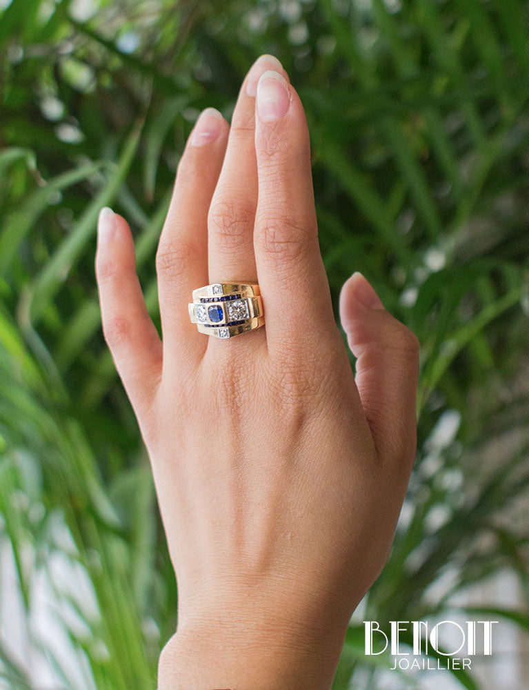 Bague Tank Or Jaune Saphirs et Diamants